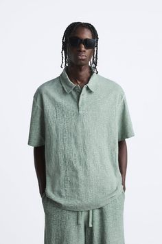 TEXTURED WEAVE JACQUARD POLO - Mid-green | ZARA United States Zara Short Sleeve Top For Summer, Zara Short Sleeve T-shirt For Summer, Green Cotton Short Sleeve Polo Shirt, Green Short Sleeve Polo Shirt For Summer, Summer Polo Collar T-shirt For Streetwear, Summer Polo Shirt For Streetwear, Summer Polo Collar Top For Streetwear, Summer Streetwear Polo Collar Top, Modern Relaxed Fit Short Sleeve T-shirt