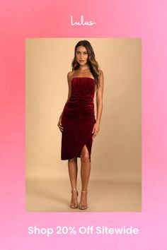 Grab a glass of bubbly and get ready to celebrate all night in the Lulus Glamorous Celebrations Wine Red Velvet Strapless Tulip Dress! Slightly stretchy velvet shapes this luxe dress that has a strapless neckline (with no-slip strips) and a boning-supported bodice. A high waist tops an overlapping tulip skirt that ends at a knee-grazing hem. Hidden back zipper/clasp. Fit: This garment fits true to size. Length: Knee Length. Size medium measures 36.5" from top to bottom. Bust: Great for any cup size. Waist: Fitted - very fitted at natural waist. Hip: Fitted - stretchy fabric allows room for hips. Undergarments: May be worn with a strapless bra, adhesive bra, petals, or no bra. Fabric: Fabric has some stretch. Dress Measures 8" Longer At Back. Lined to mid-thigh. Shell: 94% Polyester, 6% Spa Elegant Velvet Dress For Date Night, Flirty Knee-length Strapless Cocktail Dress, Elegant Velvet Midi Dress For Night Out, Strapless Velvet Cocktail Dress, Evening Strapless Velvet Dress, Strapless Velvet Evening Dress, Fitted Velvet Midi Dress For Cocktail, Cocktail Velvet Midi Dress, Elegant Velvet Midi Dress For Date Night