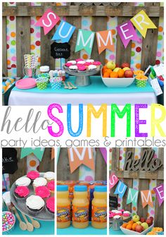 a colorful summer party with cupcakes, orange juice and other items on the table