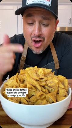 a man wearing an apron and hat is looking at a bowl of food with the caption, these churro puffs are going to hungry for life