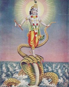 the hindu god sitting on top of a snake with his arms stretched out in front of him