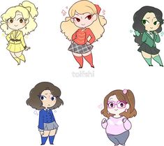 four cartoon girls with different outfits and hair