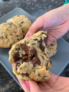 a person holding a chocolate chip cookie in their left hand and another one on the other side