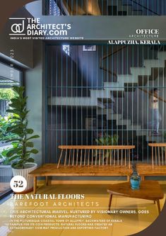 the front cover of architectural floors magazine, featuring two wooden benches and a coffee table