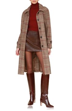 A sweeping length and trench-style belt create a striking silhouette in a plaid coat lightly kissed with wool and refreshed with a buttoned back placket. 45 1/2" length (size Medium) Hidden-button placket Spread collar Adjustable button belted cuffs Front welt pockets Removable belt Lined 87% polyester, 13% wool Dry clean Imported