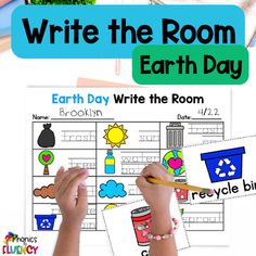 an earth day writing activity with the words write the room on it and two children's hands