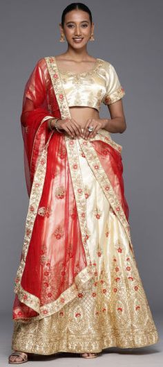 Beige and Brown color Lehenga in Satin Silk fabric with Embroidered, Stone, Thread, Zari work Engagement Mehendi, White Lehenga Choli, A Line Lehenga, Engagement Lehenga, Satin Lehenga, Lehenga Dupatta, White Lehenga, I Don't Understand, Choli Designs