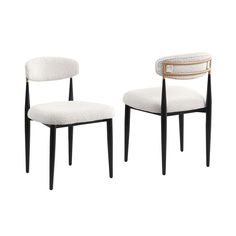 two white chairs with black legs and one has a basket on it's back