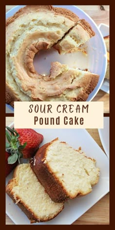 this is an image of sour cream pound cake with strawberries on the side and in front