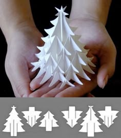 two hands holding white paper christmas trees in front of black and gray background with text overlay