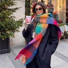 Super Cute And Stylish Ships In 5-10 Business Days Extra Long Scarf, Big Colorful Scarf, Crochet Colorful Scarf, Scarf Color Combinations, Different Scarf Styles, Big Chunky Scarf, Colorful Scarf Outfit Winter, Sweater Scarf Outfit, Chunky Scarf Aesthetic