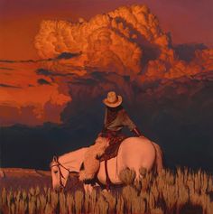 a painting of a man riding on the back of a white horse under a cloudy sky