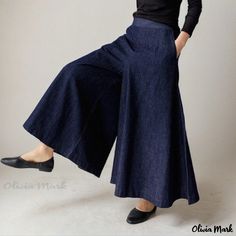 Olivia Mark - Wide-Leg Cowboy Pants with High Waist and Flared Design Casual Wide Leg Bottoms For Fall, Cotton Wide Leg Bottoms, Non-stretch Wide-leg Cotton Jeans, Non-stretch Cotton Wide-leg Jeans, Loosely Fitted Cotton Bottoms For Fall, Summer Straight Leg Cotton Culottes, Summer Cotton Culottes With Straight Leg, Relaxed Fit Wide Leg Bottoms With Pockets, Casual Cotton Wide Leg Full Length Pants