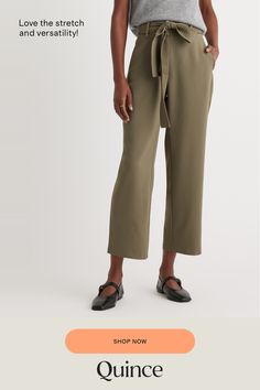 Update your wardrobe with an always-chic paperbag pant. With a little stretch, plenty of pockets, and a removable belt, this will become your go-to pant. Easily dress up or down!  | Quince | Women's Stretch Crepe Paperbag Pants in Olive, Size 6, Polyester Utility Style Paperbag Waist Pants For Work, Utility Paperbag Waist Pants For Workwear, Utility Pants With Paperbag Waist For Workwear, Tapered Leg Pants With Belt Detail For Work, Utility Style Paperbag Waist Bottoms For Workwear, Utility Paperbag Waist Bottoms For Workwear, Casual Paperbag Waist Belted Pants, Versatile Belted Workwear Bottoms, Versatile Belted Bottoms For Work