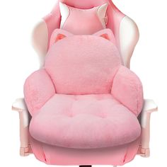 a pink chair with a cat shaped pillow on it's back and seat cushion