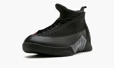 Black leather Air Jordan 15 Retro sneakers from jordan featuring front lace-up fastening, round toe and flat rubber sole.  These styles are supplied by a premium sneaker marketplace.  Stocking only the most sought-after footwear, they source and curate some of the most hard to find sneakers from around the world. Jordan 15, Jordans Retro, Superhero Wallpaper, Retro Shoes, Stadium Goods, Sneaker Games, Retro Sneakers, Air Jordans Retro, Black Knit