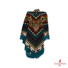 Native American poncho, inspired by Geometric Designs of the Andes, handmade. Experience the freedom of movement and the soft, smooth material. Ecuadorian artisans make these ponchos in the Andes with ancient techniques and unique designs. These luxurious alpaca wool ponchos will keep you warm through winter and fall in style. Ideal for camping or on cold winter nights. This poncho fits medium to large size people. It is a standard size and fits most. Give an Alpaca Poncho. Surprise the ones you love the most with this alpaca gift! PRODUCT DETAILS: - It is thermal and insulating, so it maintains body temperature very well, regardless of external conditions and the type of environment. MEASURES: - Bell height: 33 cm - 13 inches - Shoulder width: 44 Cm - 17 Inches - Body height: 88 Cm - 35 I Bohemian Alpaca Shawl Cape, Bohemian Alpaca Cape For Winter, Bohemian Alpaca Shawl For Winter, Bohemian Blue Cape Poncho, Winter Festival Shawl Cape, Blue Winter Festival Poncho, Blue Bohemian Winter Cape, Bohemian Long Sleeve Alpaca Cape, Blue Long Sleeve Poncho For Festivals