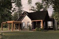 a rendering of a small house in the middle of a field with trees and grass