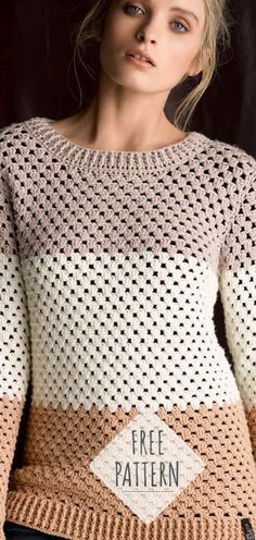 a woman is wearing a sweater with the words free pattern on it, and she has her hands in her pockets