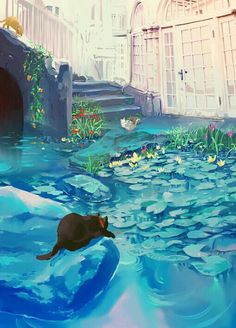 a painting of a cat swimming in a river with flowers and plants on the bank