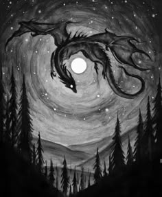 a black and white drawing of a dragon flying through the night sky with trees in the foreground