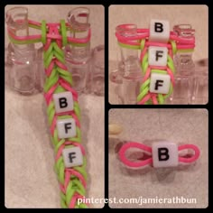 three pictures of different types of bracelets with letters and numbers on them, one is pink, the other is green