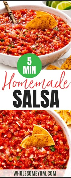 homemade salsa in a white bowl with tortilla chips on the side