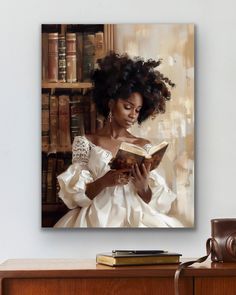 a painting of a woman reading a book in front of a bookshelf full of books