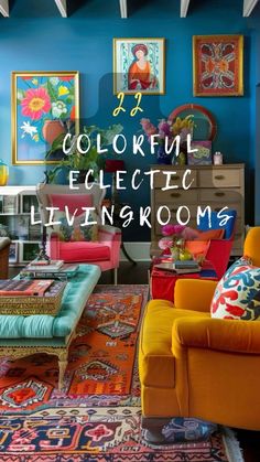 colorful eclectic living rooms with blue walls and rugs