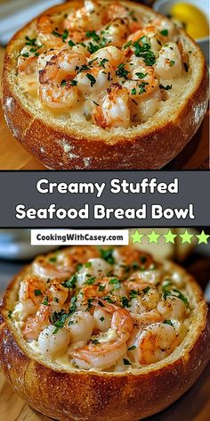 two pictures of bread with shrimp and cheese on it