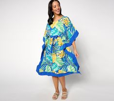 Look resort-ready in this flowing caftan. You'll be the belle of the beach when you show up in this tropical-printed cover-up. Pair it with some strappy sandals for a dockside dinner. From Denim & Co.® Fashions. Tropical Print, Show Up, Strappy Sandals, Dolman Sleeve, Dress Skirt, The Beach, Cover Up, Fashion Dresses, Sandals