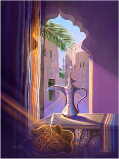 a painting of a coffee pot on a table in front of a window with a palm tree