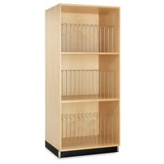 a wooden bookcase filled with lots of clear glass shelves on top of each other