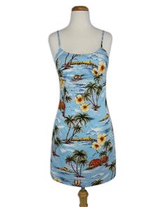 Short Hawaiian Spaghetti Strap Sundress - Fiji - Baby Blue Blue Fitted Printed Sundress, Fitted Light Blue Sleeveless Sundress, Light Blue Fitted Sundress For Summer, Fitted Light Blue Sundress For Summer, Fitted Beachwear Sundress With Spaghetti Straps, Blue Spaghetti Strap Sundress For Summer, Blue Spaghetti Strap Dress For Beach Season, Blue Sundress With Spaghetti Straps For Summer, Fitted Sundress With Spaghetti Straps For Beachwear