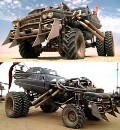 two pictures side by side one with a monster truck on the other