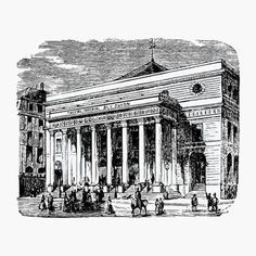 an old drawing of a building with columns and people walking around it, vintage line drawing or engraving illustration