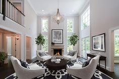 a living room filled with furniture and a fire place in the middle of a room