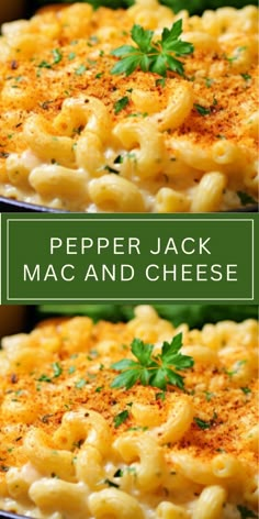 two pictures of macaroni and cheese with the words pepper jack in green above it