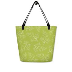 "Modern, botanical print of chartreuse green leaves. This pretty tote bag is perfect for carrying everything thing you need for a day out, the larger size is great for a school bag, and the medium is a great all purpose tote or reusable shopping bag.  Medium Tote Bag: - 15\" x 15\" (38.1cm x 38.1cm) - Sturdy construction, with 100% polyester fabric with vibrant colors that won't fade, and can hold up to 44 lbs! - Comfortable, natural cotton bull denim handles, make this bag easy to carry. length 11.8\" (30 cm), width 1\" (2.5cm) Large tote bag: - 16 x 20 inches - Sturdy construction, with 100% polyester fabric with vibrant colors that won't fade, and can hold up to 44 lbs! - Large inside pocket, so smaller items like your phone and keys are easy to find - Comfortable cotton webbing handles Eco-friendly Green Bags For Vacation, Casual Green Reusable Bag, Eco-friendly Green Vacation Bags, Green Tote Beach Bag For Travel, Green Summer Bags For Daily Use, Green Summer Bag For Daily Use, Eco-friendly Green Shoulder Bag For Travel, Green Bags For Daily Use In Summer, Green Rectangular Beach Bag For Travel