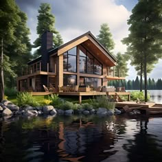 an artist's rendering of a house on the water with trees and rocks around it