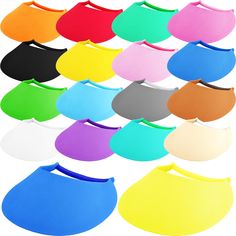 various colors of plastic bibs on white background