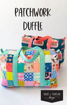 the patchwork duffle bag pattern is shown in two different colors and has an attached shoulder strap