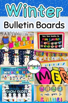 bulletin board with the words winter written on it and pictures of snowmen in different colors