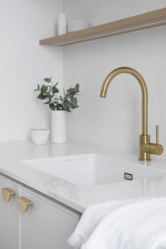 a kitchen sink with brass faucet and white countertop, next to a plant