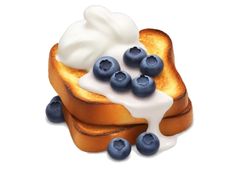 a piece of bread with blueberries and whipped cream on top is shown in this image