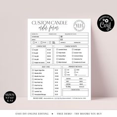 a printable wedding order form with the words, custom candle and ring on it