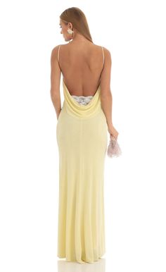 Mira Lace Open Back Maxi Dress in Yellow | LUCY IN THE SKY Light Yellow Prom Dress, Yellow Formal Dress, Light Yellow Dresses, Yellow Long Dress, Silk Prom Dress, Cute Formal Dresses, Dresses Yellow, Prom Dress Inspo, Yellow Bridesmaid Dresses