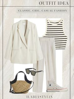 ilariastylin on LTK Works Outfits, Striped Top Outfit, Outfit Minimalist, White Jeans Outfit, Top Outfit, Shopping Day, Pantalon Large, Blazer Outfits, Casual Chic Style