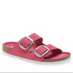 New In Box *** Nib Birkenstock Arizona Big Buckle Sandal In Fuchsia Tulip Nubuck, Size 7-875/Eu 38 Narrow Width. Premium Nubuck Leather Uppers With An Open Toe. Slip-On Style Sandal Features Dual Straps With Adjustable, Oversized Buckles. Leather Lined, Contoured Cork Footbed. Raised Toe Bar. Neutral Heel Profile And Deep Heel Cup. Flexible Eva Outsole Offers Lightweight, Shock Absorbing Support. Made In Germany Pink Round Toe Footbed Sandals With Textured Footbed, Pink Textured Footbed Sandals With Round Toe, Pink Flat Footbed Sandals With Removable Insole, Pink Slide Footbed Sandals With Cushioned Footbed, Pink Cushioned Footbed Sandals For Vacation, Pink Cushioned Slide Footbed Sandals, Pink Cushioned Slip-on Footbed Sandals, Comfortable Pink Footbed Sandals With Textured Sole, Comfortable Pink Footbed Sandals With Textured Footbed