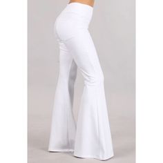 Wide Flared Bell Pants With Back Pockets And A Smooth Comfortable Tummy Control Pull-On Banded Waist In A Wrinkle-Free, Supportive And Machine-Washable Ponte Fabric. Fabric Viscose/Nylon/Spandex 68/27/5 Ponte Proudly Made In The Usa White Fitted Flare Bottoms, Fitted White Flare Bottoms, White Fitted High-rise Pants, White Bottoms With Wide Waistband In Elastane, White Trendy Bottoms, Trendy White Flare Bottoms, Trendy Fitted White Bottoms, White High-waist Non-stretch Bottoms, White Non-stretch High Waist Bottoms